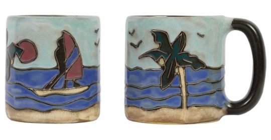 Mara Mugs 16 oz Hand Etched, Glazed and Finished (Style: Palm Tree/Surfers)