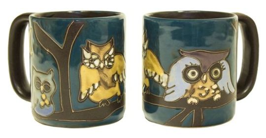 Mara Mugs 16 oz Hand Etched, Glazed and Finished (Style: Owls On Branch)