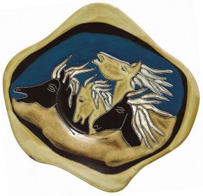 Dinner Plates Odd Shaped 12"  Hand Etched, Glazed and Finished (Style: Horses)