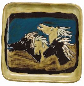 Dinnerware Square Plates 8" Hand Etched, Glazed and Finished (Style: Horses)