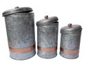 Galvanized Metal Lidded Canister With Copper Band, Set of Three,