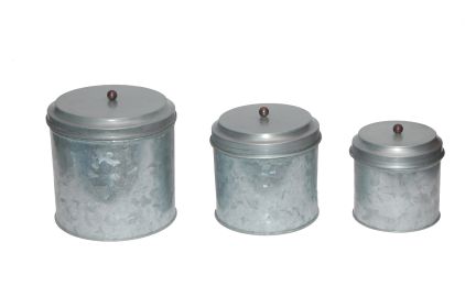 Galvanized Metal Lidded Canister With Ball Knob, Set of Three, (Color: Gray)
