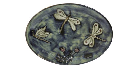 Small Oval Platter 13" Hand Etched, Glazed and Finished (Style: Dragonfly)