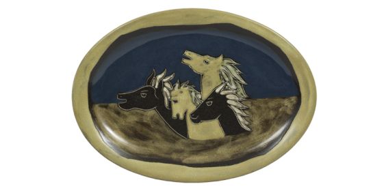Small Oval Platter 13" Hand Etched, Glazed and Finished (Style: Horses Southwestern)