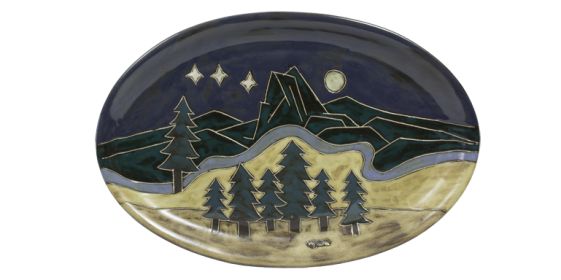 Lg Oval Serving Platter 16" Hand Etched, Glazed and Finished (Style: Mountain Scene)