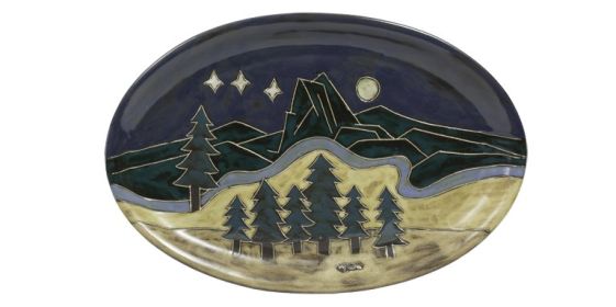 Lg Oval Serving Platter 16" Hand Etched, Glazed and Finished (Style: Mountain Scene)