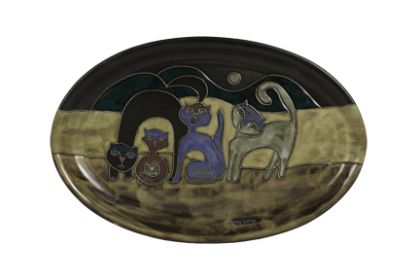 Lg Oval Serving Platter 16" Hand Etched, Glazed and Finished (Style: Cats)