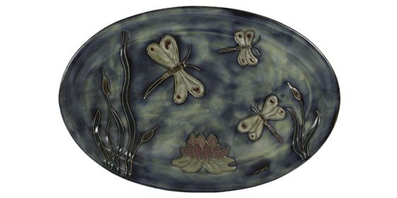 Lg Oval Serving Platter 16" Hand Etched, Glazed and Finished (Style: Dragonflies)