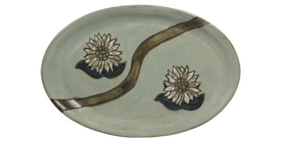 Lg Oval Serving Platter 16" Hand Etched, Glazed and Finished (Style: Sunflowers)
