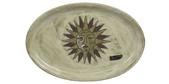 Lg Oval Serving Platter 16" Hand Etched, Glazed and Finished (Style: Suns Southwestern)