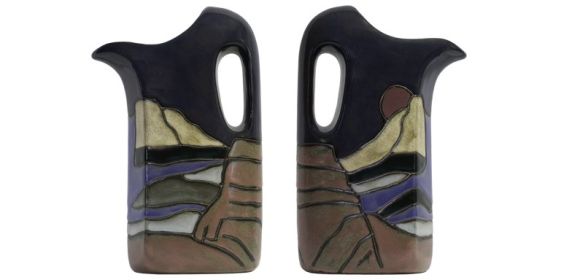 Pitcher 32 oz Hand Etched, Glazed and Finished (Style: Mountain/Waterfall)