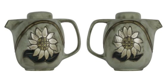 Tea Pots - Round 44 oz Hand Etched, Glazed and Finished (Style: Sunflowers)